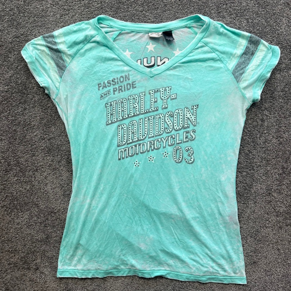 Harley-Davidson Womens Turquoise Acid Wash Rhinestone V-Neck Tee Large USA Made